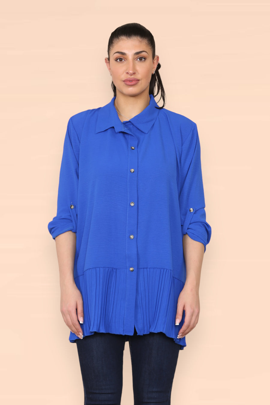 Pleated Hem Panel Shirt with Marbled Look Buttons and Sleeves