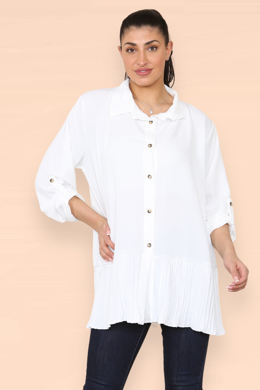 Pleated Hem Panel Shirt with Marbled Look Buttons and Sleeves