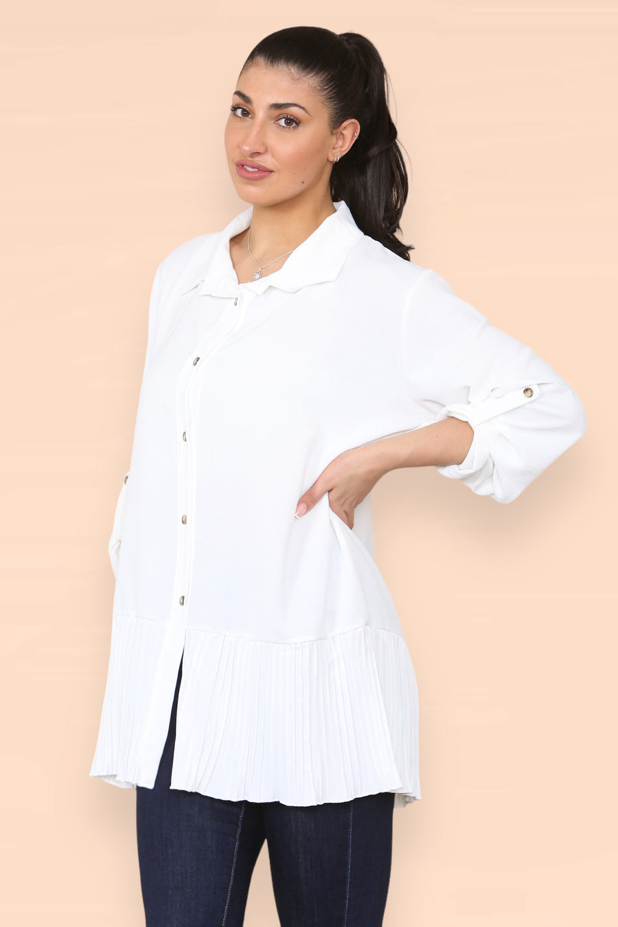 Pleated Hem Panel Shirt with Marbled Look Buttons and Sleeves