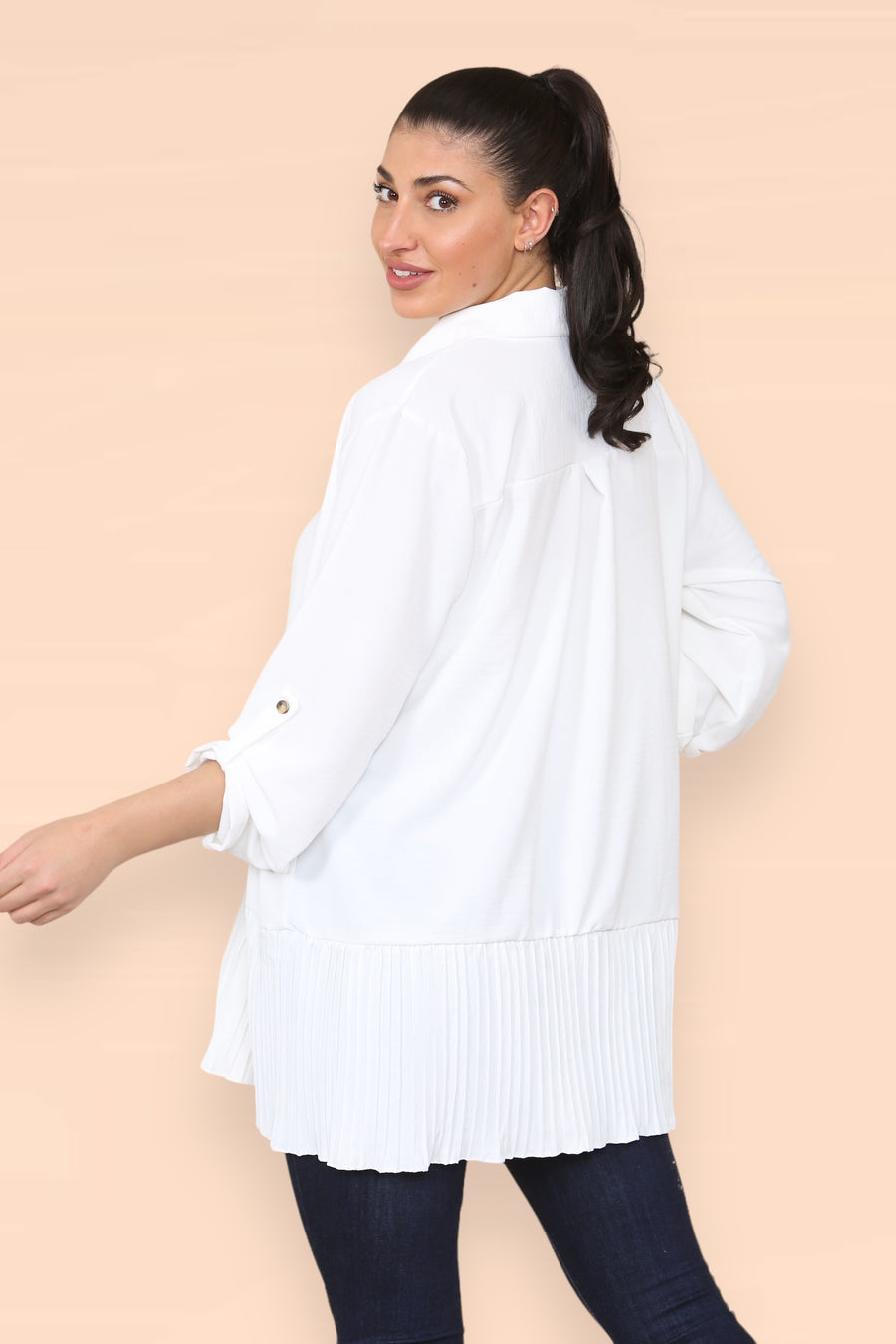 Pleated Hem Panel Shirt with Marbled Look Buttons and Sleeves