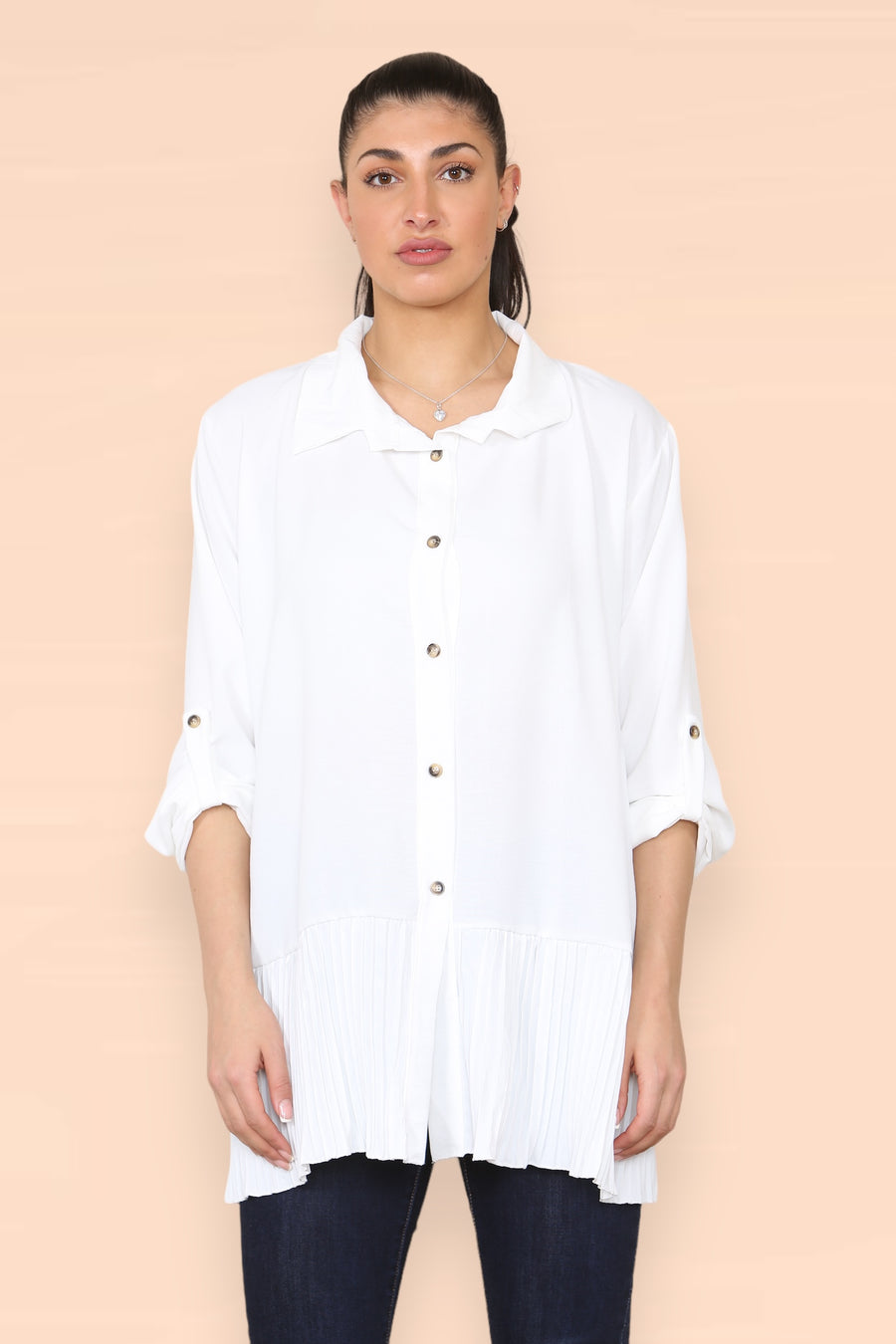 Pleated Hem Panel Shirt with Marbled Look Buttons and Sleeves