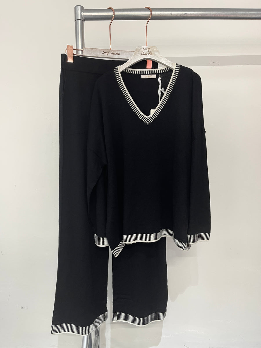 Soft Knit V Neck Jumper Matched With Wide Leg Trousers With Pockets In Contrast Edging