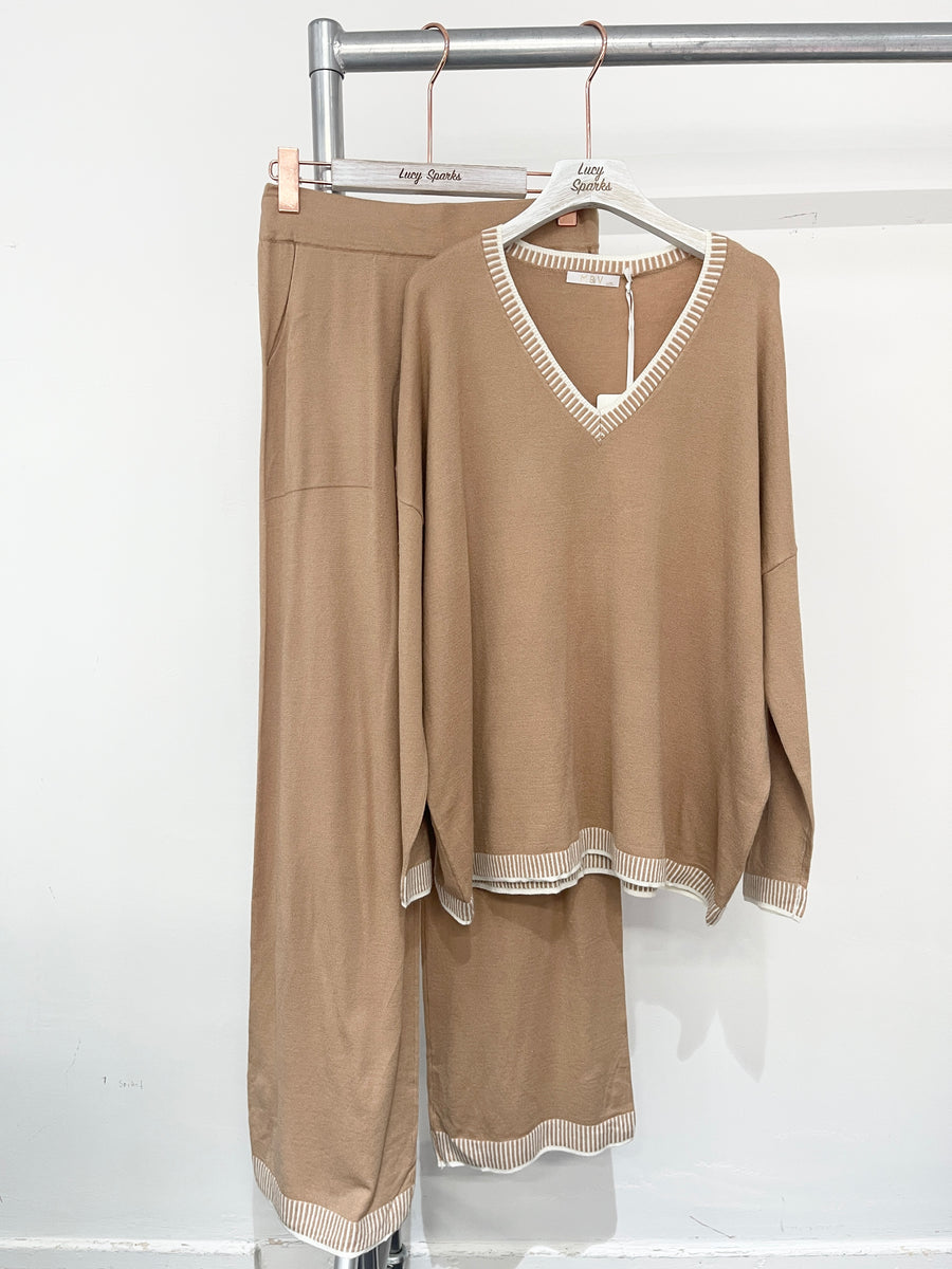 Soft Knit V Neck Jumper Matched With Wide Leg Trousers With Pockets In Contrast Edging