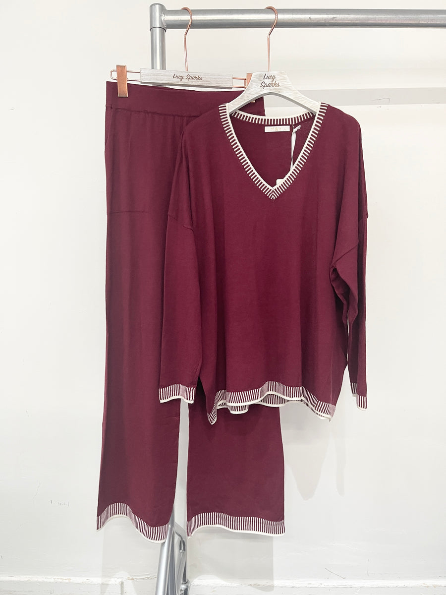 Soft Knit V Neck Jumper Matched With Wide Leg Trousers With Pockets In Contrast Edging