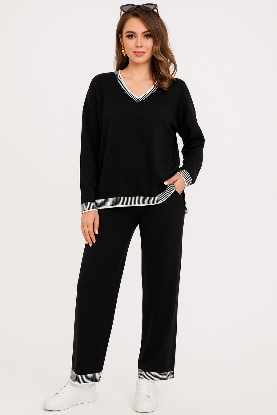 Soft Knit V Neck Jumper Matched With Wide Leg Trousers With Pockets In Contrast Edging