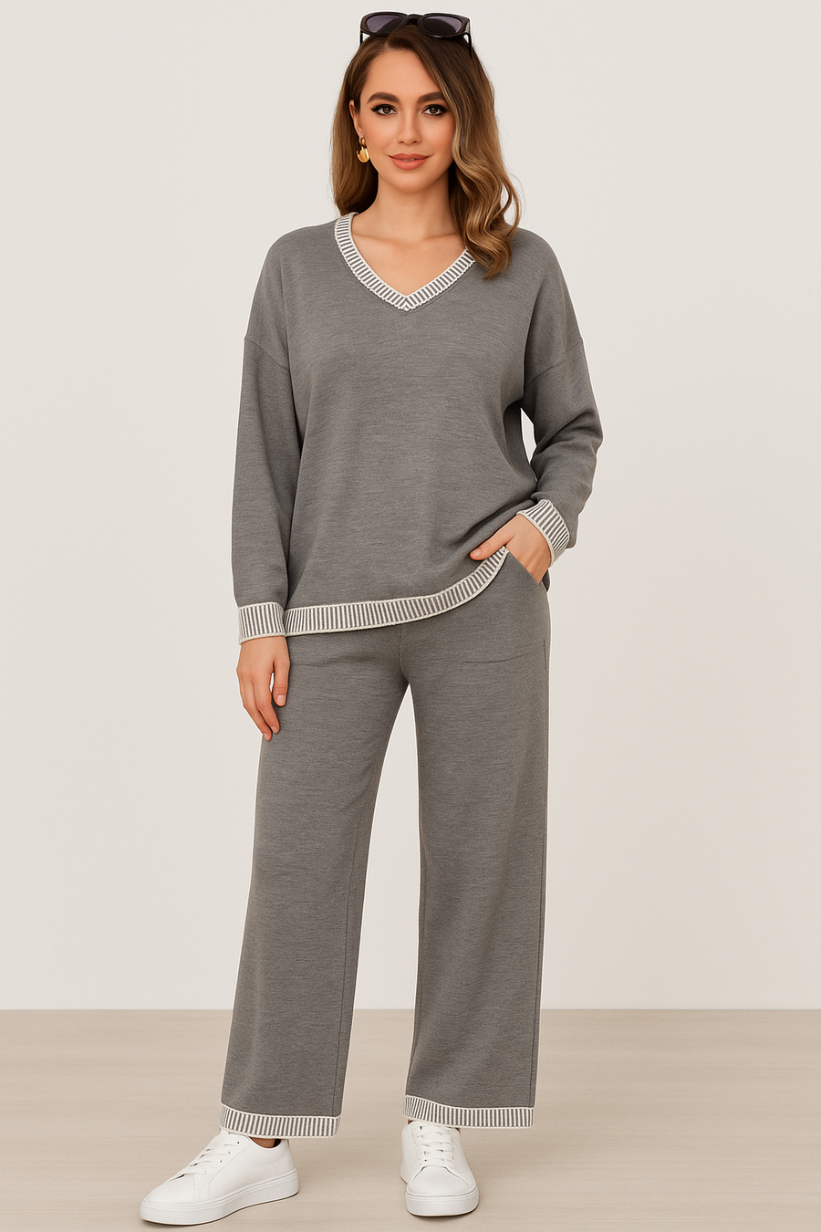 Soft Knit V Neck Jumper Matched With Wide Leg Trousers With Pockets In Contrast Edging