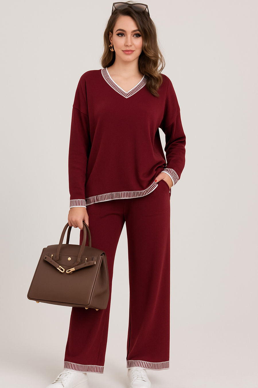 Soft Knit V Neck Jumper Matched With Wide Leg Trousers With Pockets In Contrast Edging