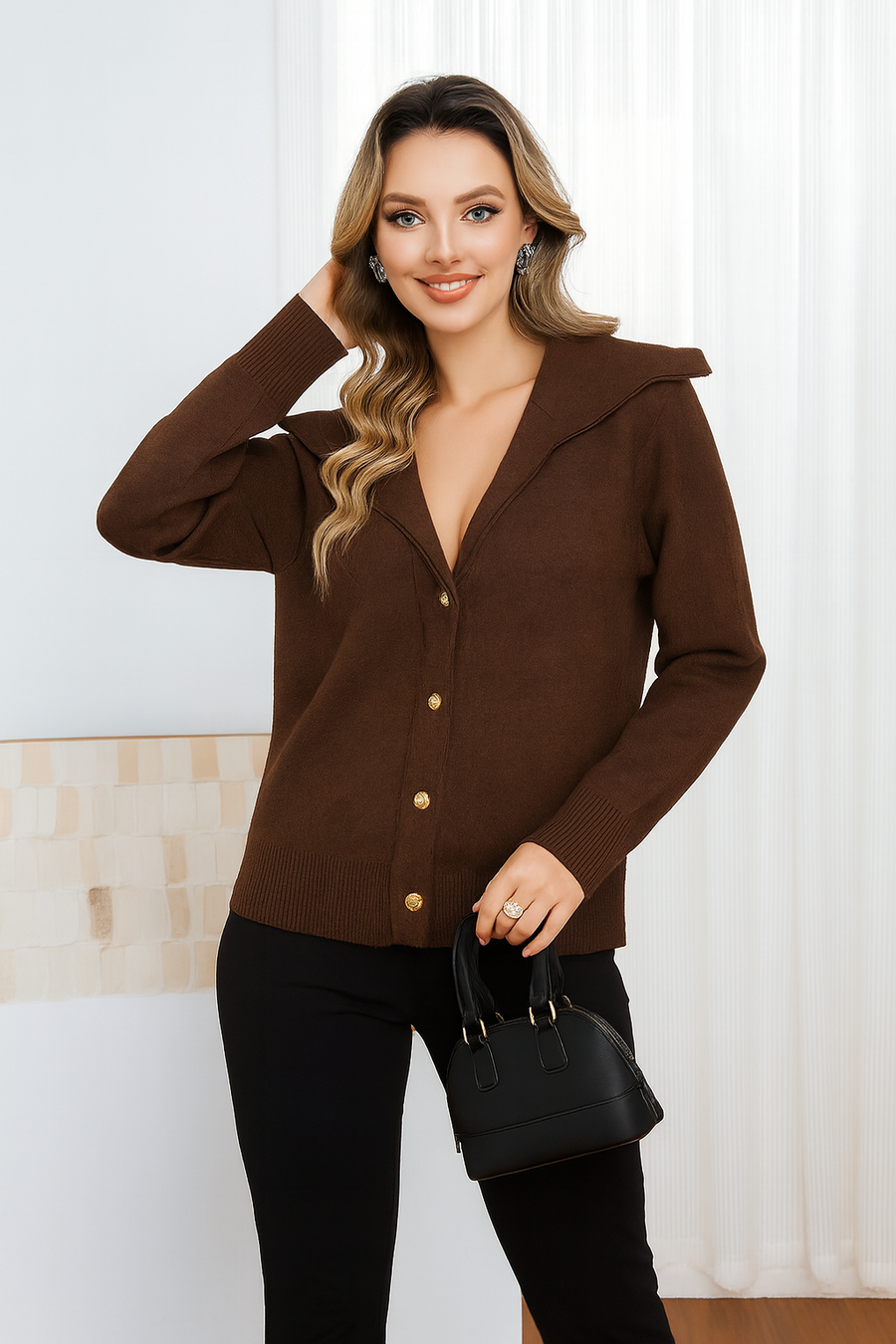 HEAVY KNIT BUTTON UP JACKET WITH OVERSIZED COLLAR