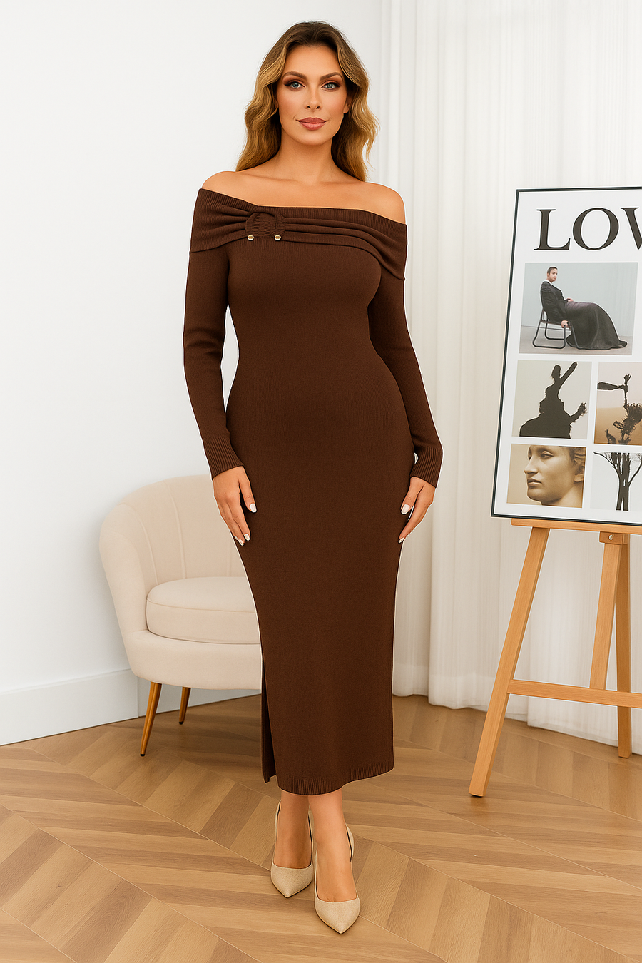 SOFT KNIT ELEGANT DRESS WITH OFF SHOULDER DRAPE