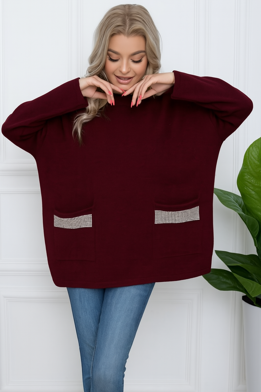 OVERSIZED HEAVY KNIT JUMPER WITH CRYSTALS ON POCKETS