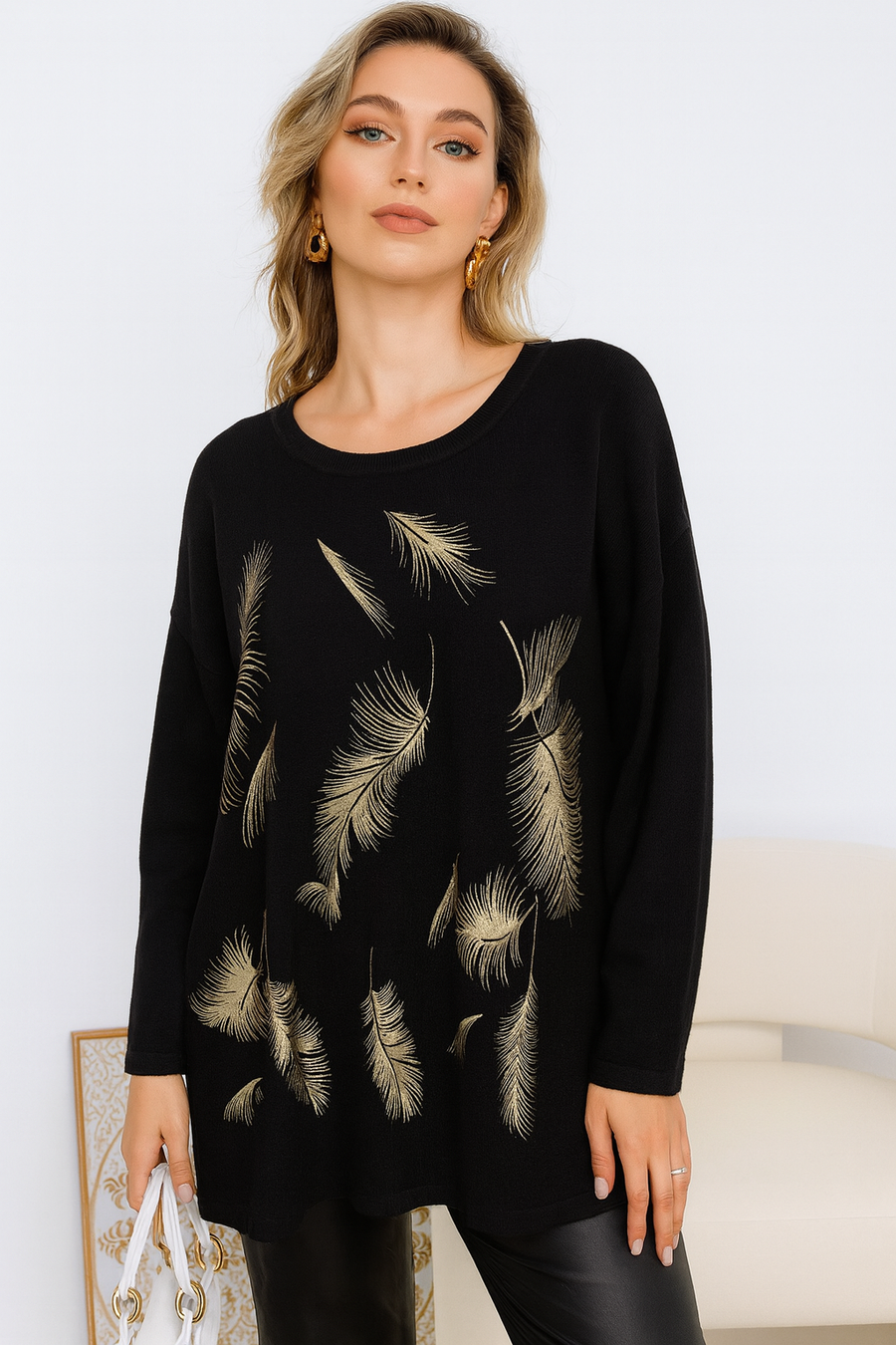 SOFT KNIT JUMPER WITH GOLDEN FEATHERS DESIGN