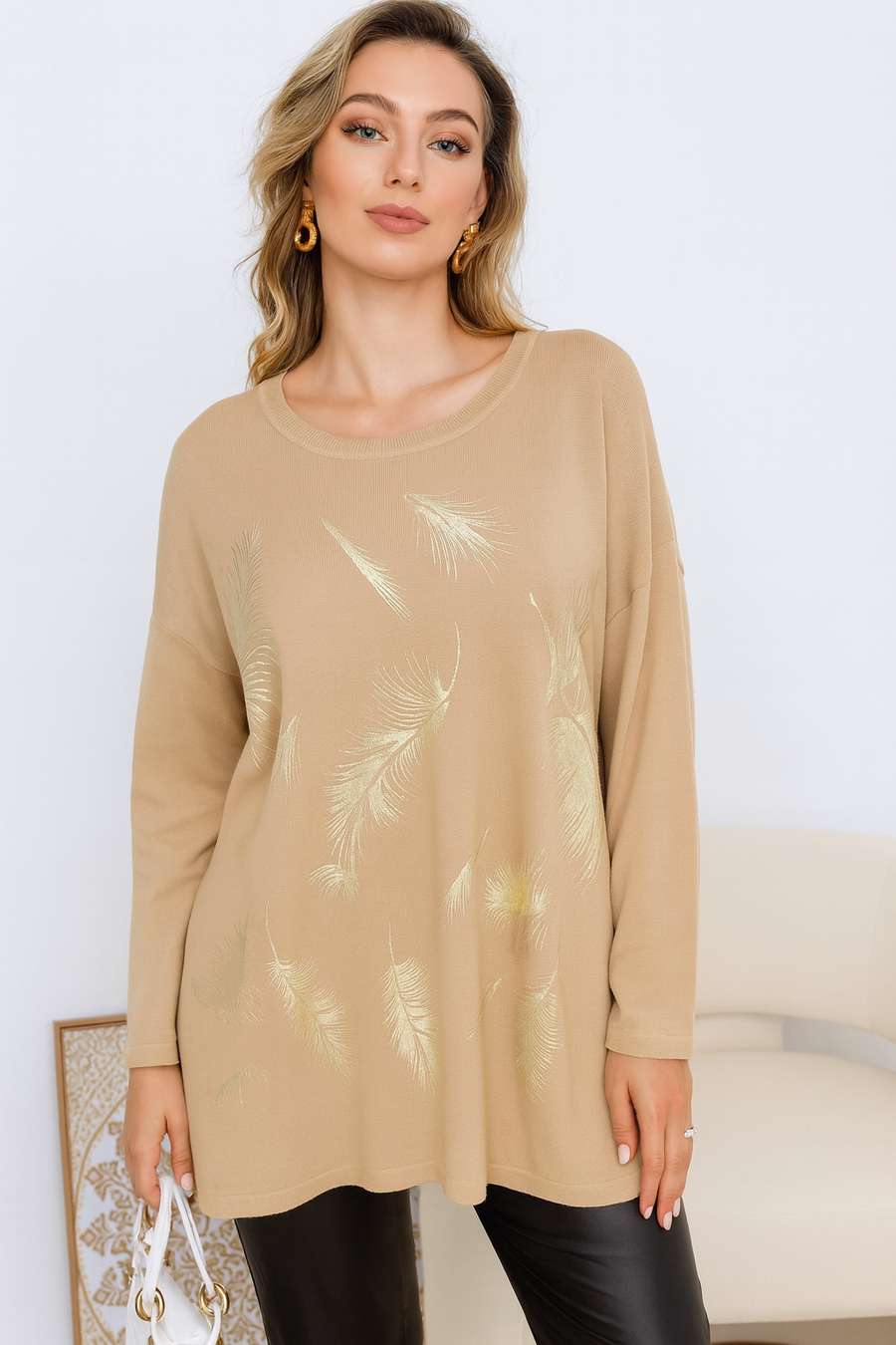 SOFT KNIT JUMPER WITH GOLDEN FEATHERS DESIGN