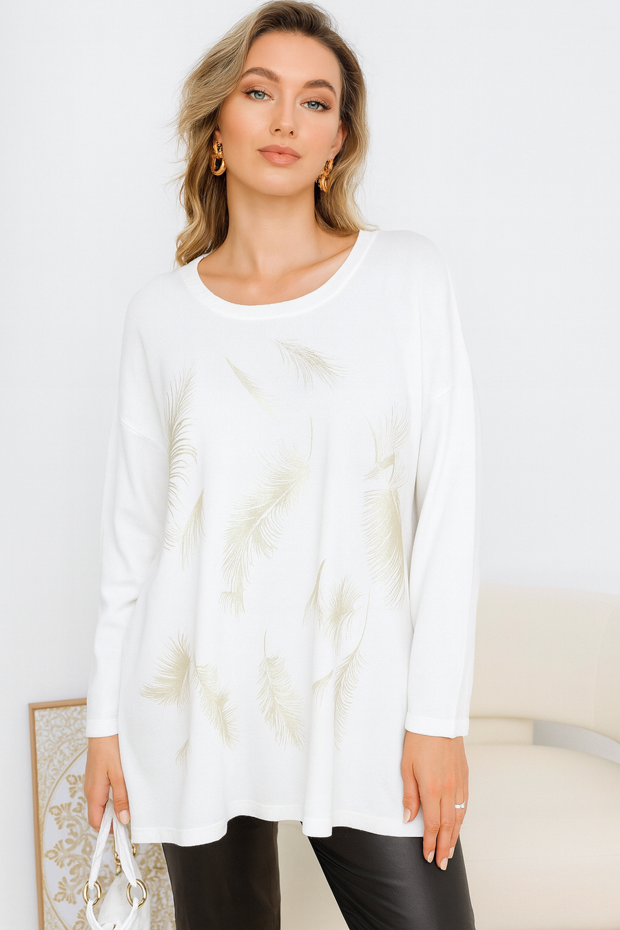 SOFT KNIT JUMPER WITH GOLDEN FEATHERS DESIGN