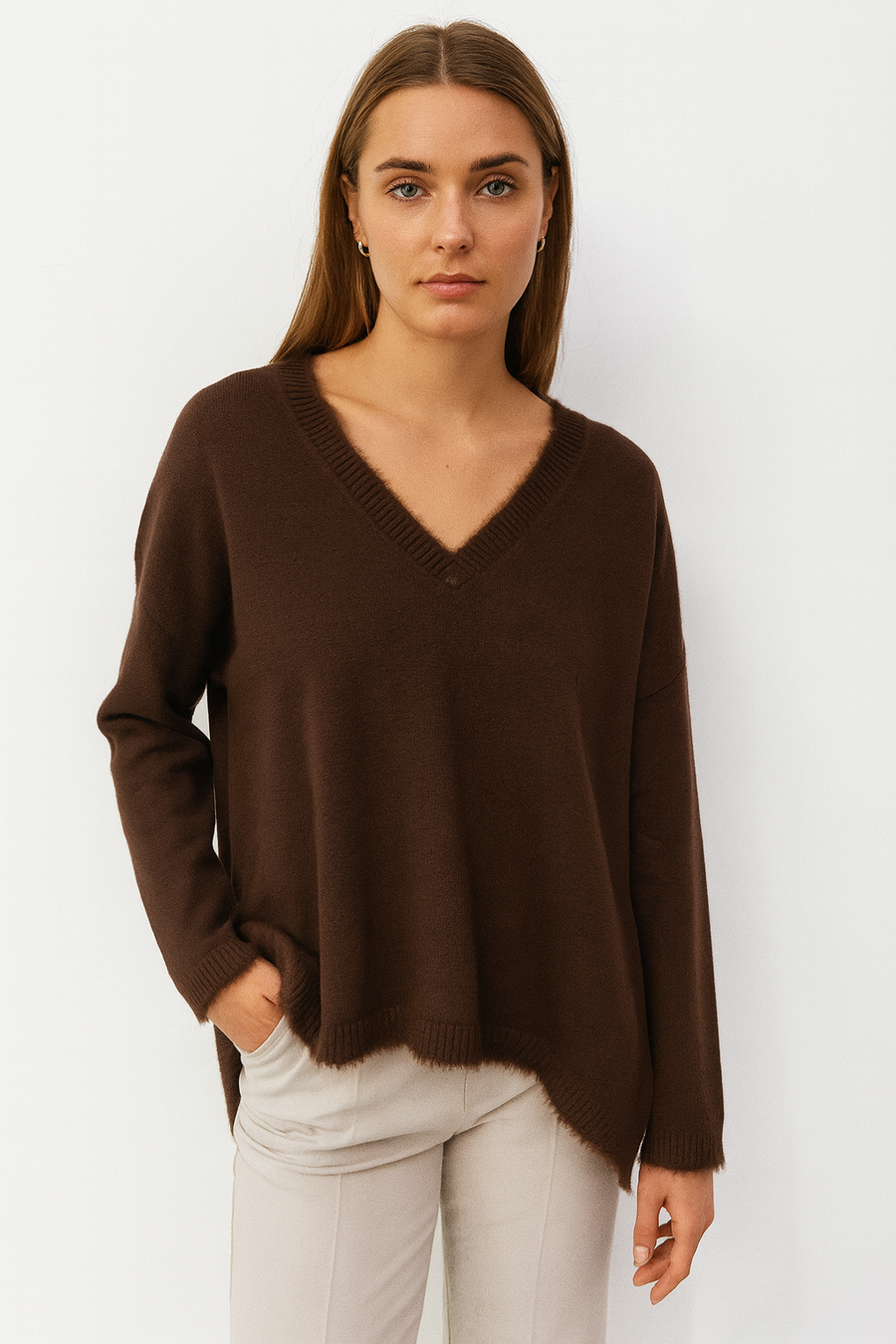 SOFT KNIT V NECK JUMPER WITH FAUX FUR TRIM