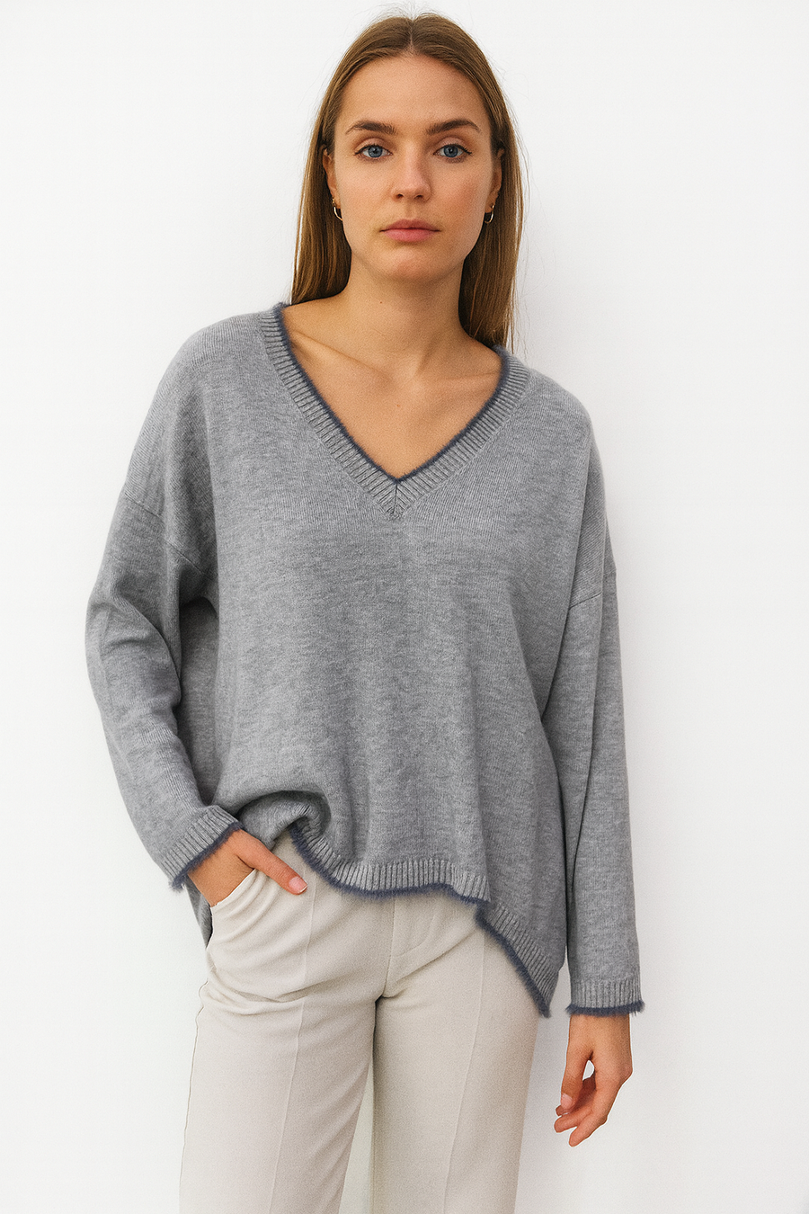 SOFT KNIT V NECK JUMPER WITH FAUX FUR TRIM