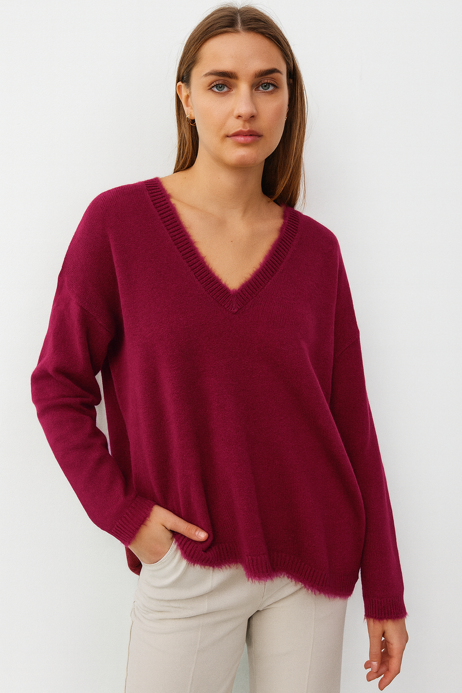 SOFT KNIT V NECK JUMPER WITH FAUX FUR TRIM