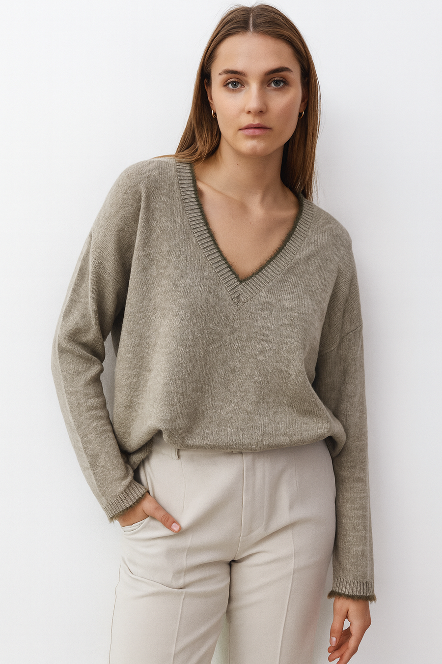 SOFT KNIT V NECK JUMPER WITH FAUX FUR TRIM