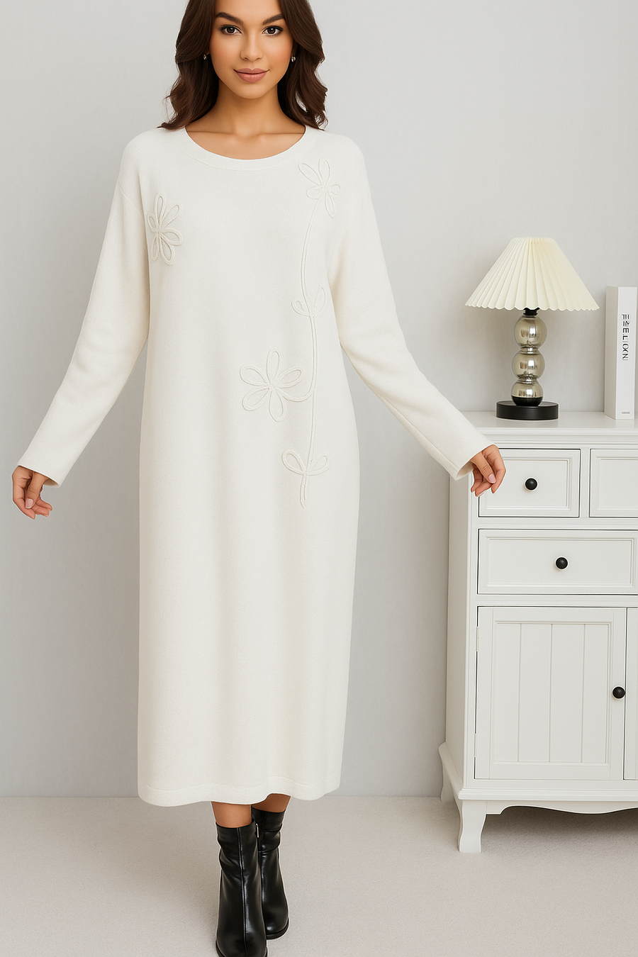 SOFT KNIT DRESS WITH FLORAL DESIGN