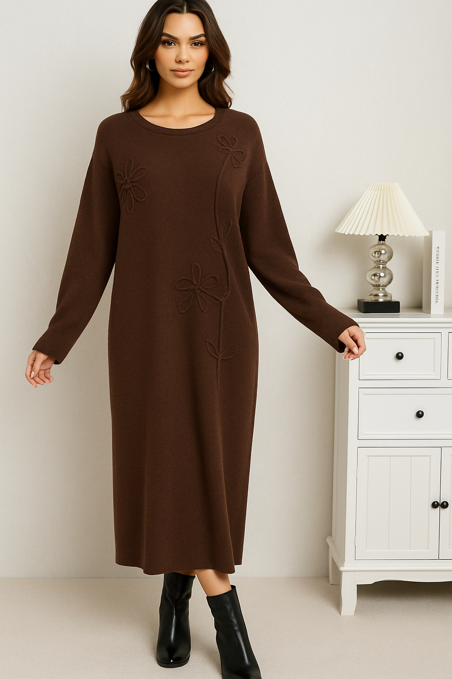 SOFT KNIT DRESS WITH FLORAL DESIGN