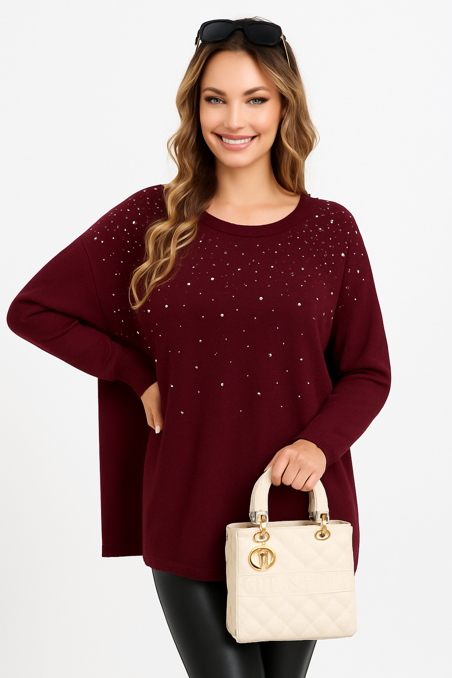 CRYSTAL DIAMANTES EMBELLISHED FRONT BATWING KNIT JUMPER