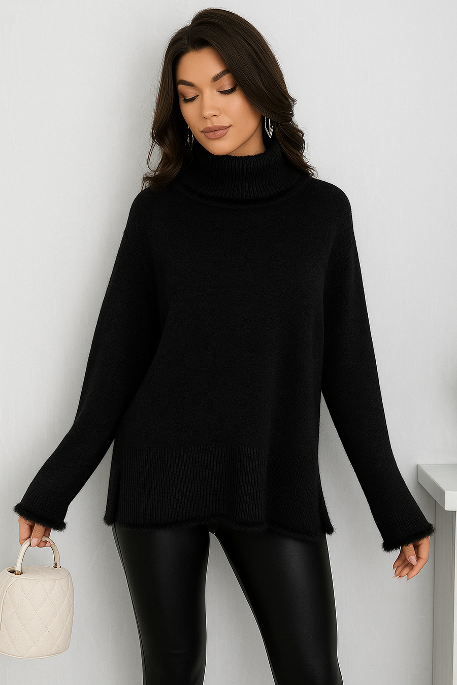 SOFT KNIT ROLL NECK JUMPER WITH FAUX FUR TRIM