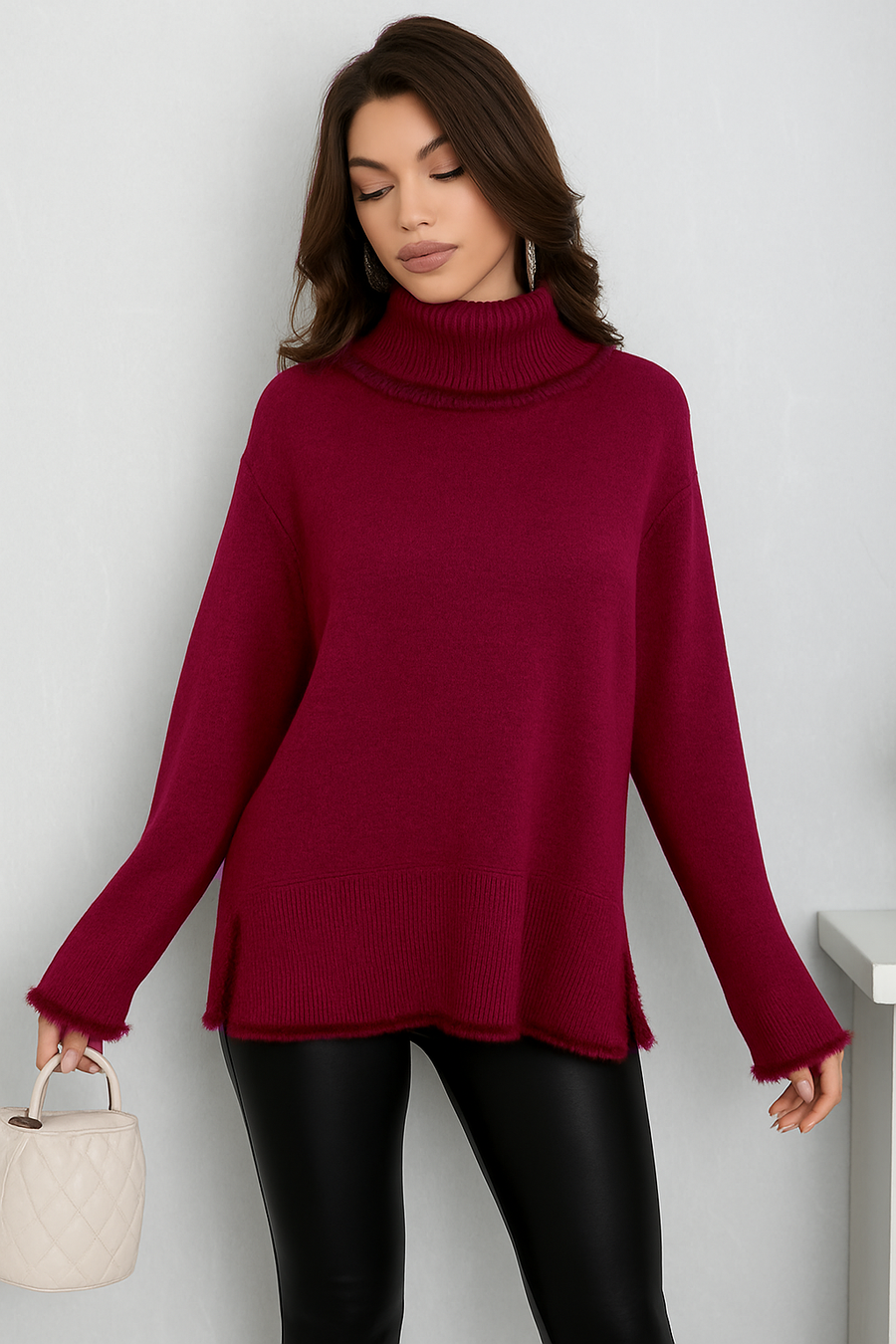 SOFT KNIT ROLL NECK JUMPER WITH FAUX FUR TRIM