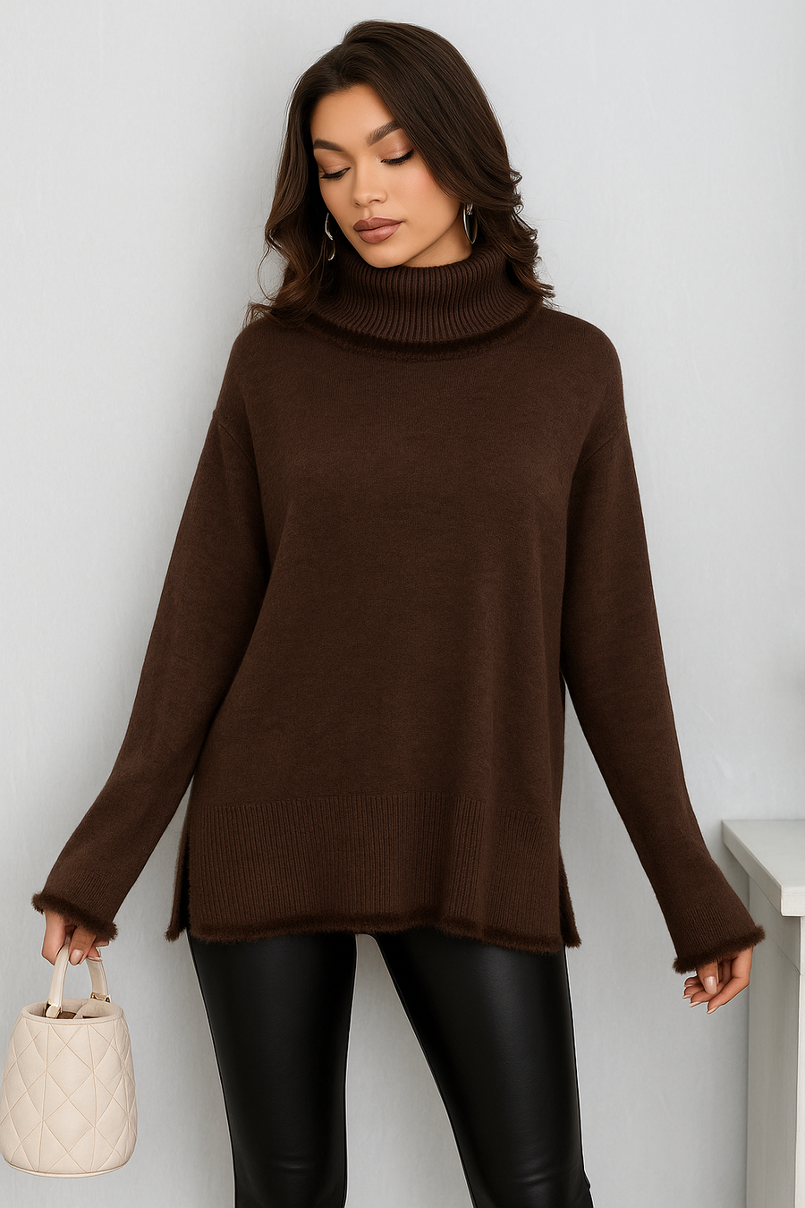 SOFT KNIT ROLL NECK JUMPER WITH FAUX FUR TRIM