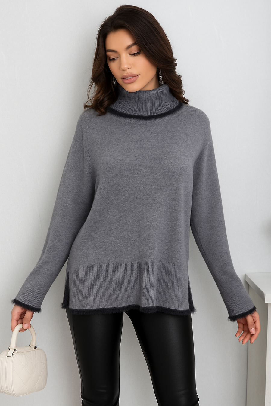 SOFT KNIT ROLL NECK JUMPER WITH FAUX FUR TRIM