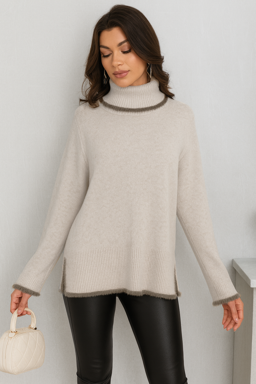 SOFT KNIT ROLL NECK JUMPER WITH FAUX FUR TRIM