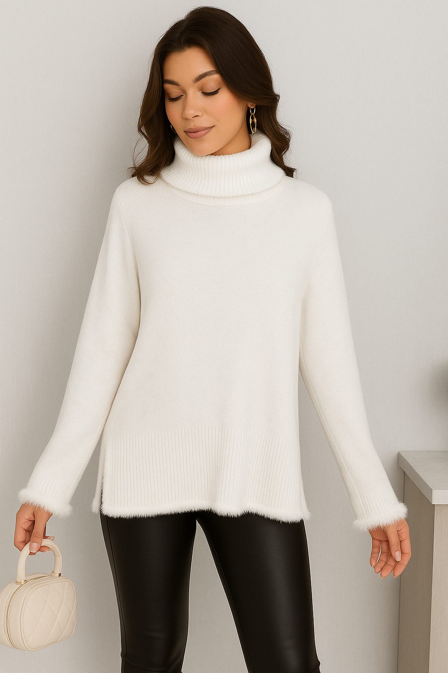 SOFT KNIT ROLL NECK JUMPER WITH FAUX FUR TRIM