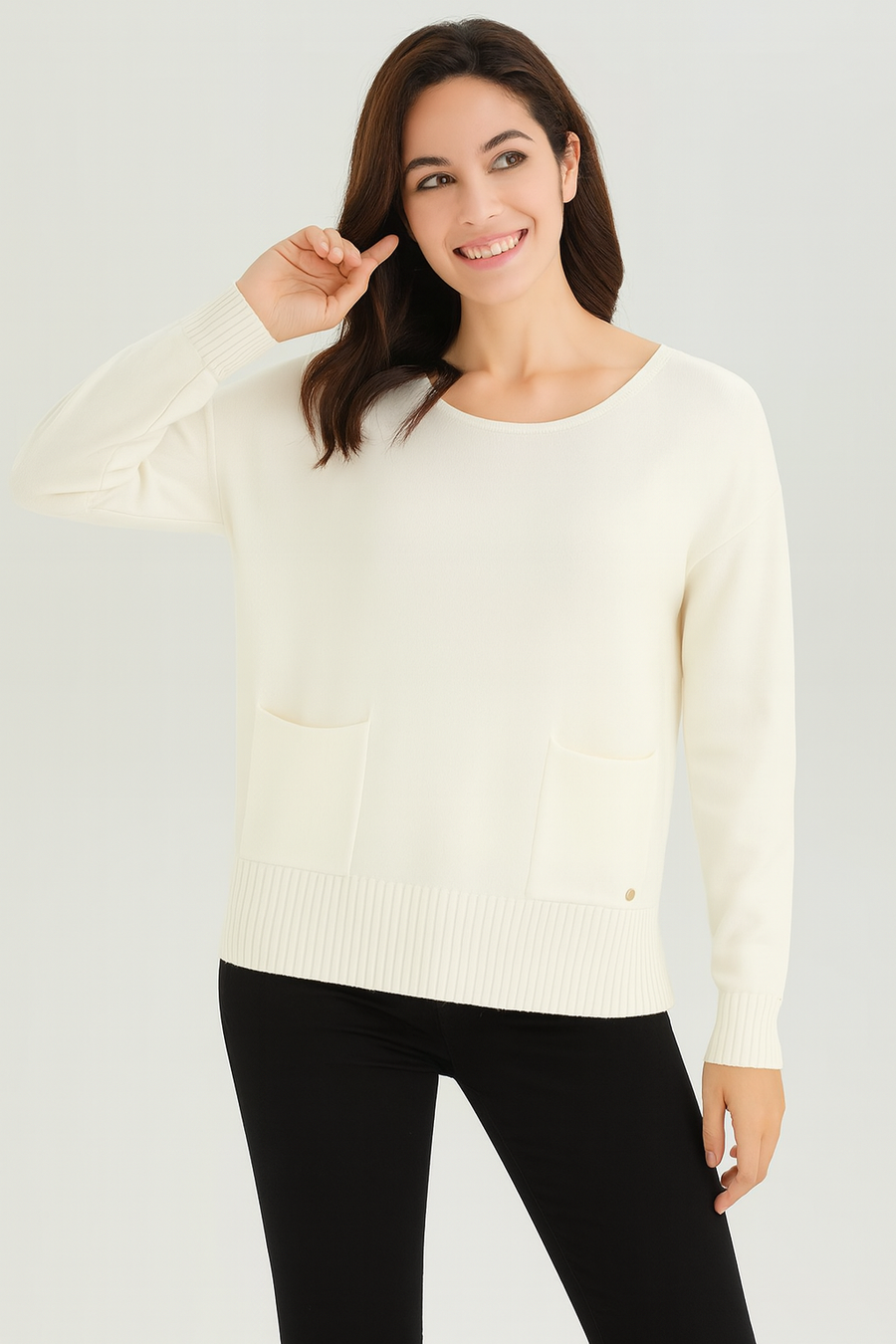 SOFT KNIT JUMPER WITH RIBBED HEMS AND FRONT POCKETS