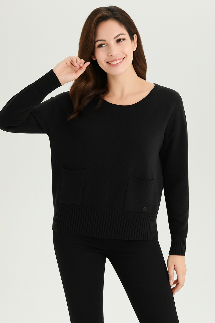 SOFT KNIT JUMPER WITH RIBBED HEMS AND FRONT POCKETS