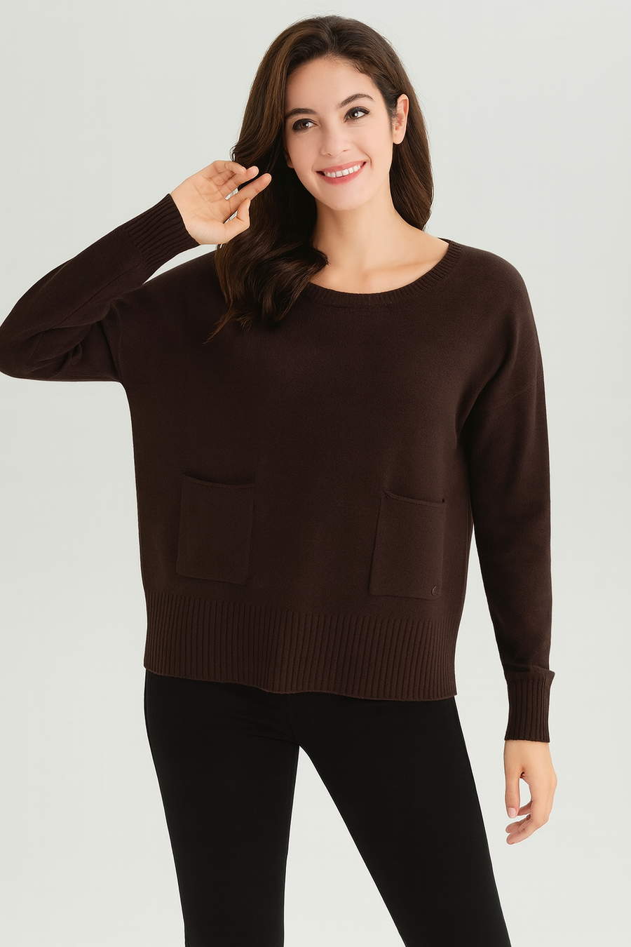 SOFT KNIT JUMPER WITH RIBBED HEMS AND FRONT POCKETS
