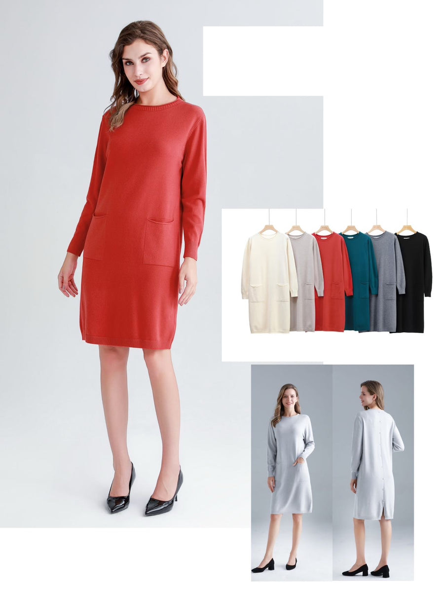 SOFT KNIT MIDI DRESS WITH FRONT POCKETS AND BUTTONS ALONG THE CENTRE BACK