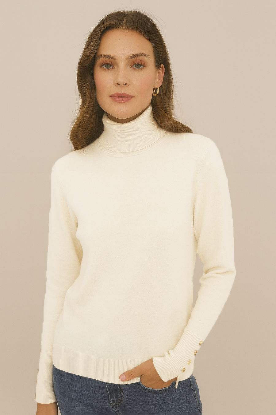 CLASSIC MUST HAVE SOFT KNIT JUMPER ITH ROLL NECK AND BUTTONS ON THE SLEEVE CUFFS