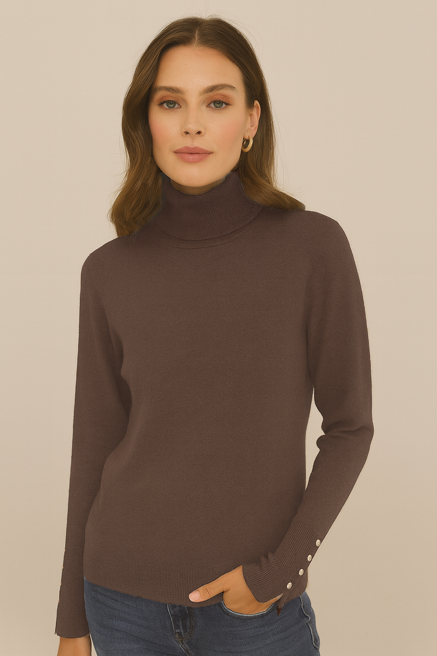 CLASSIC MUST HAVE SOFT KNIT JUMPER ITH ROLL NECK AND BUTTONS ON THE SLEEVE CUFFS