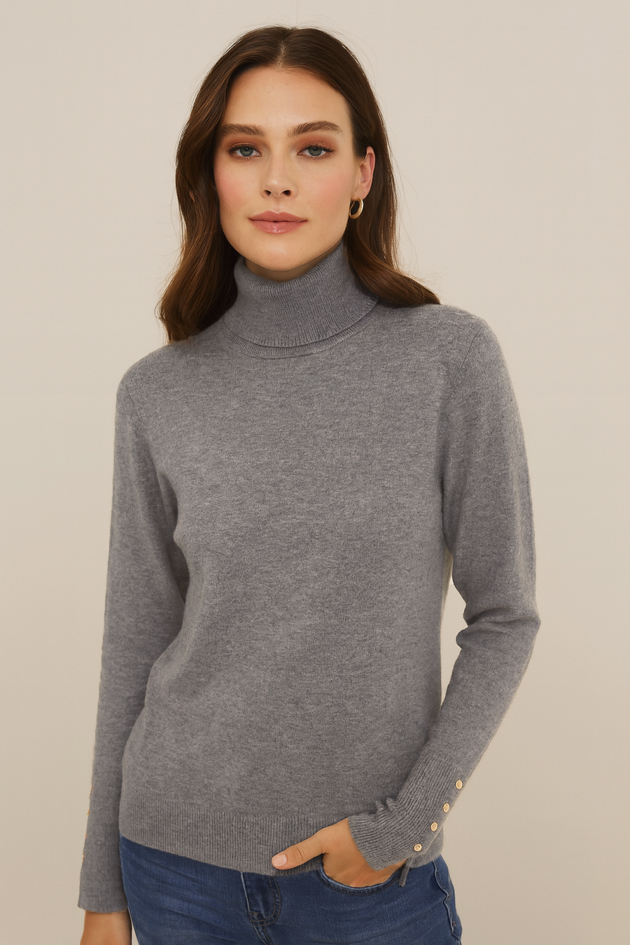 CLASSIC MUST HAVE SOFT KNIT JUMPER ITH ROLL NECK AND BUTTONS ON THE SLEEVE CUFFS