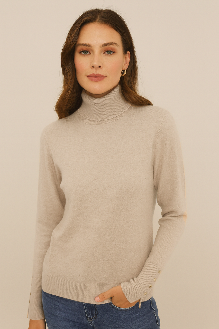 CLASSIC MUST HAVE SOFT KNIT JUMPER ITH ROLL NECK AND BUTTONS ON THE SLEEVE CUFFS