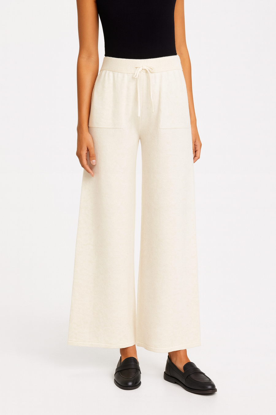 PREMIUM KNIT WIDE LEG PANTS WITH ELASTIC WAIST, DRAWSTRING AND FRONT POCKETS
