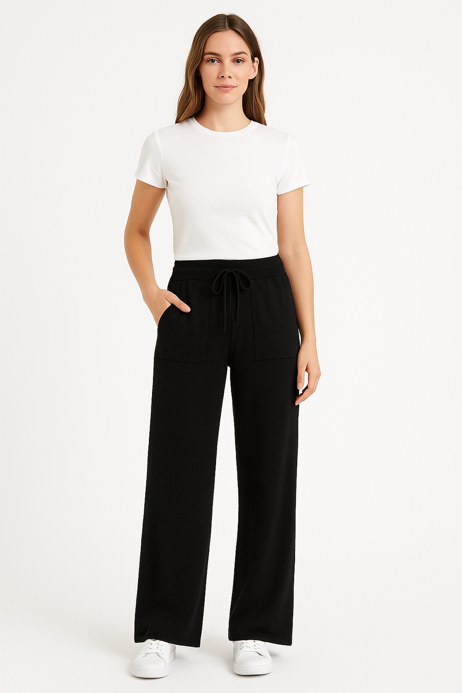 PREMIUM KNIT WIDE LEG PANTS WITH ELASTIC WAIST, DRAWSTRING AND FRONT POCKETS