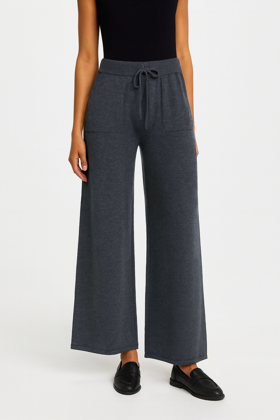 PREMIUM KNIT WIDE LEG PANTS WITH ELASTIC WAIST, DRAWSTRING AND FRONT POCKETS
