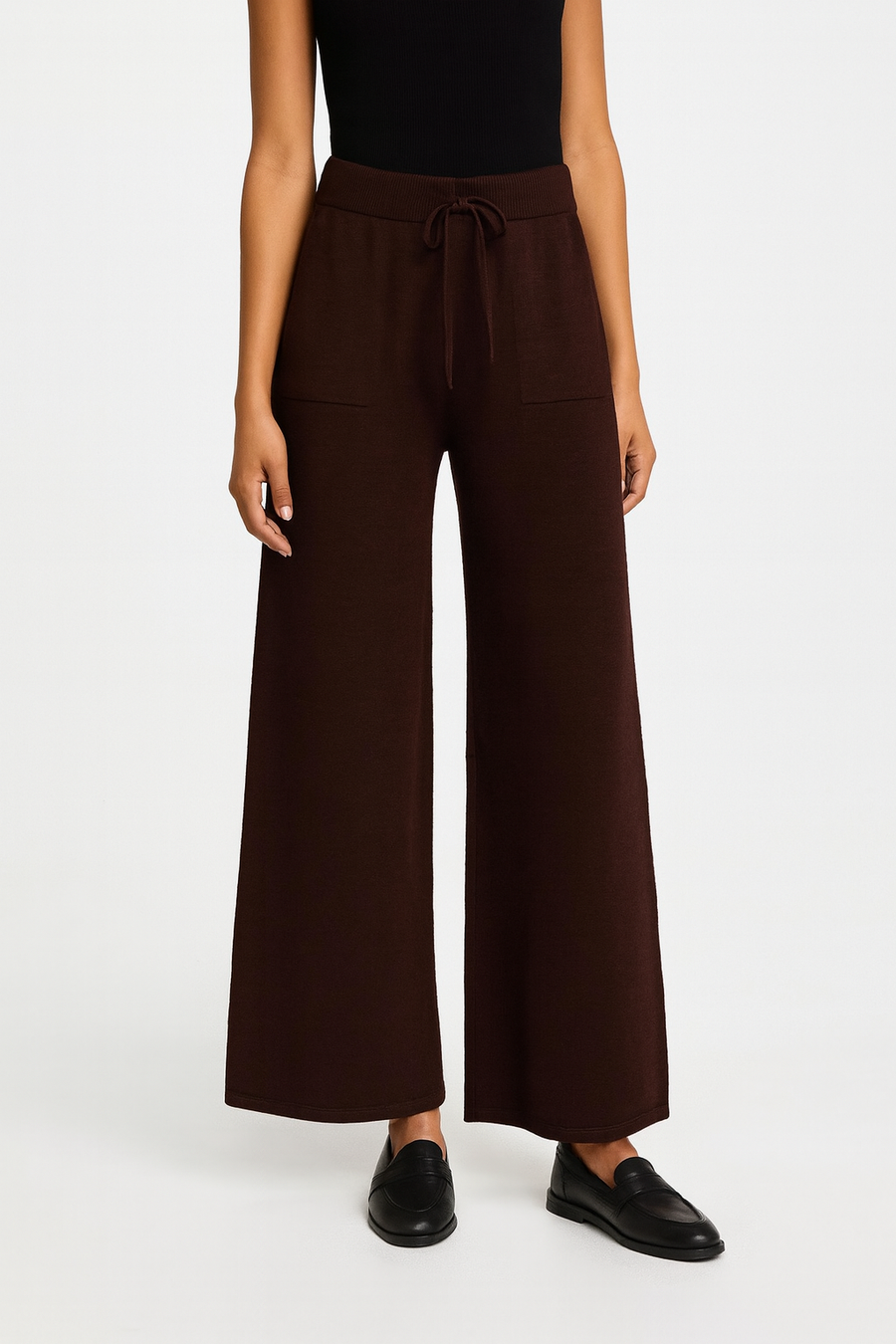 PREMIUM KNIT WIDE LEG PANTS WITH ELASTIC WAIST, DRAWSTRING AND FRONT POCKETS
