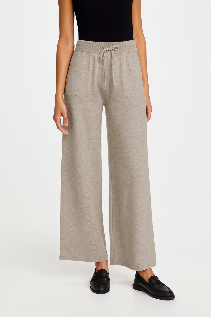 PREMIUM KNIT WIDE LEG PANTS WITH ELASTIC WAIST, DRAWSTRING AND FRONT POCKETS