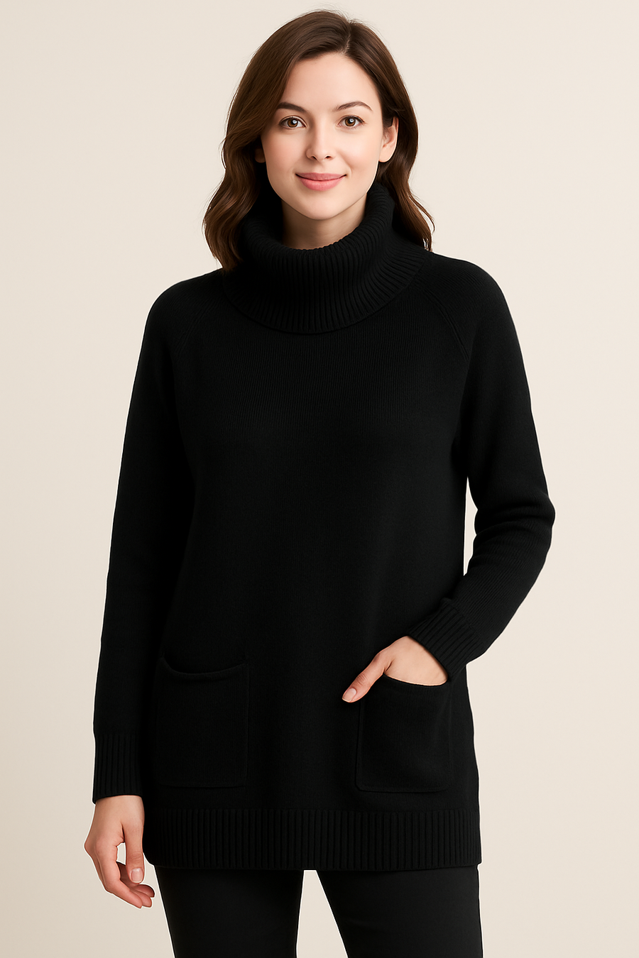SOFT KNIT CLASSIC STYLE JUMPER WITH ROLL NECK AND POCKETS ON FRONT