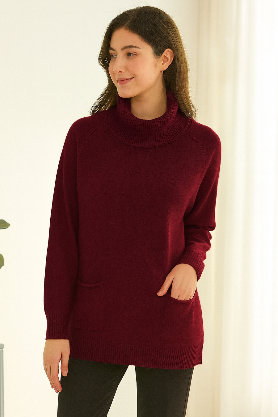SOFT KNIT CLASSIC STYLE JUMPER WITH ROLL NECK AND POCKETS ON FRONT