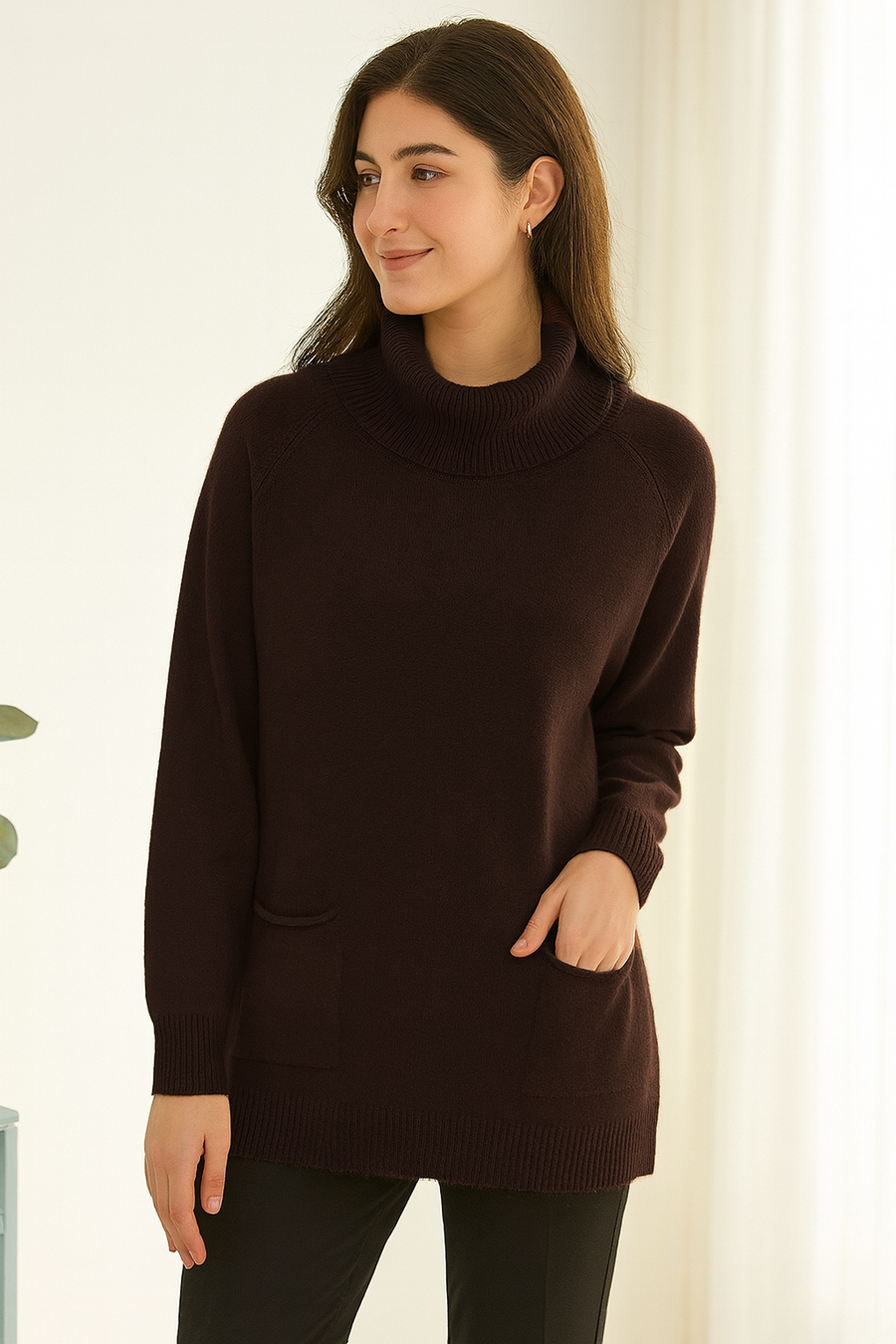 SOFT KNIT CLASSIC STYLE JUMPER WITH ROLL NECK AND POCKETS ON FRONT