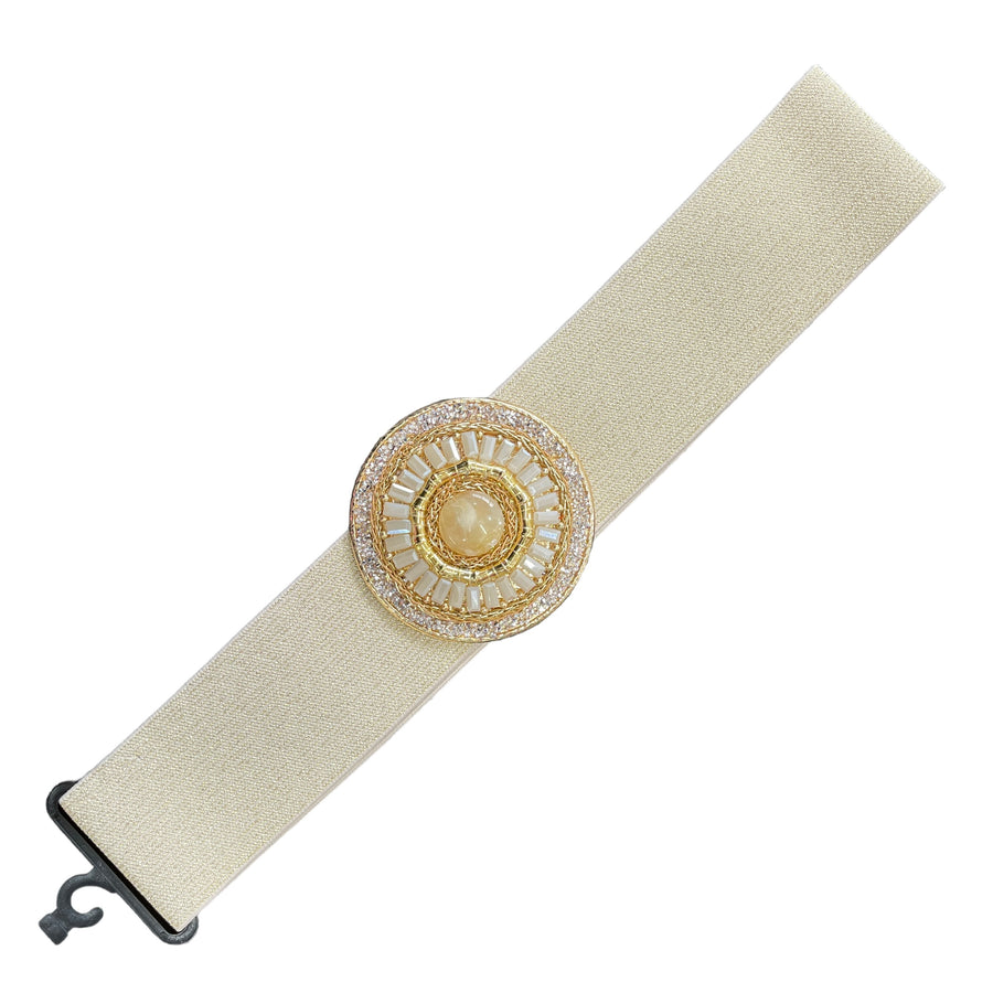 Elasticated Band Center Hook Up Circle Buckle Belt Embellished With Shiny Stones, Bars and Braiding Lurex Sparkle