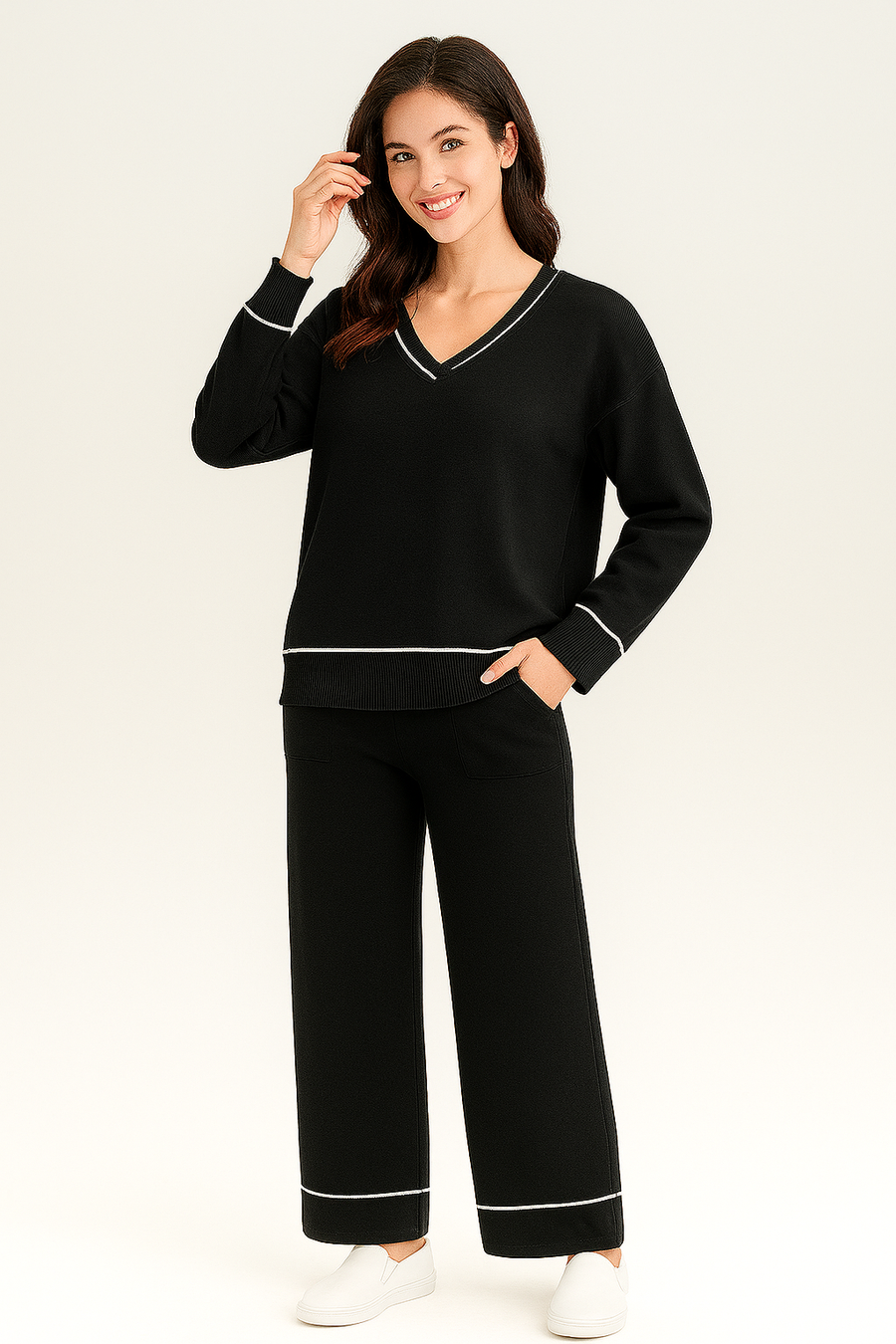 LUXURY KNIT V NECK JUMPER AND PANTS WITH POCKETS