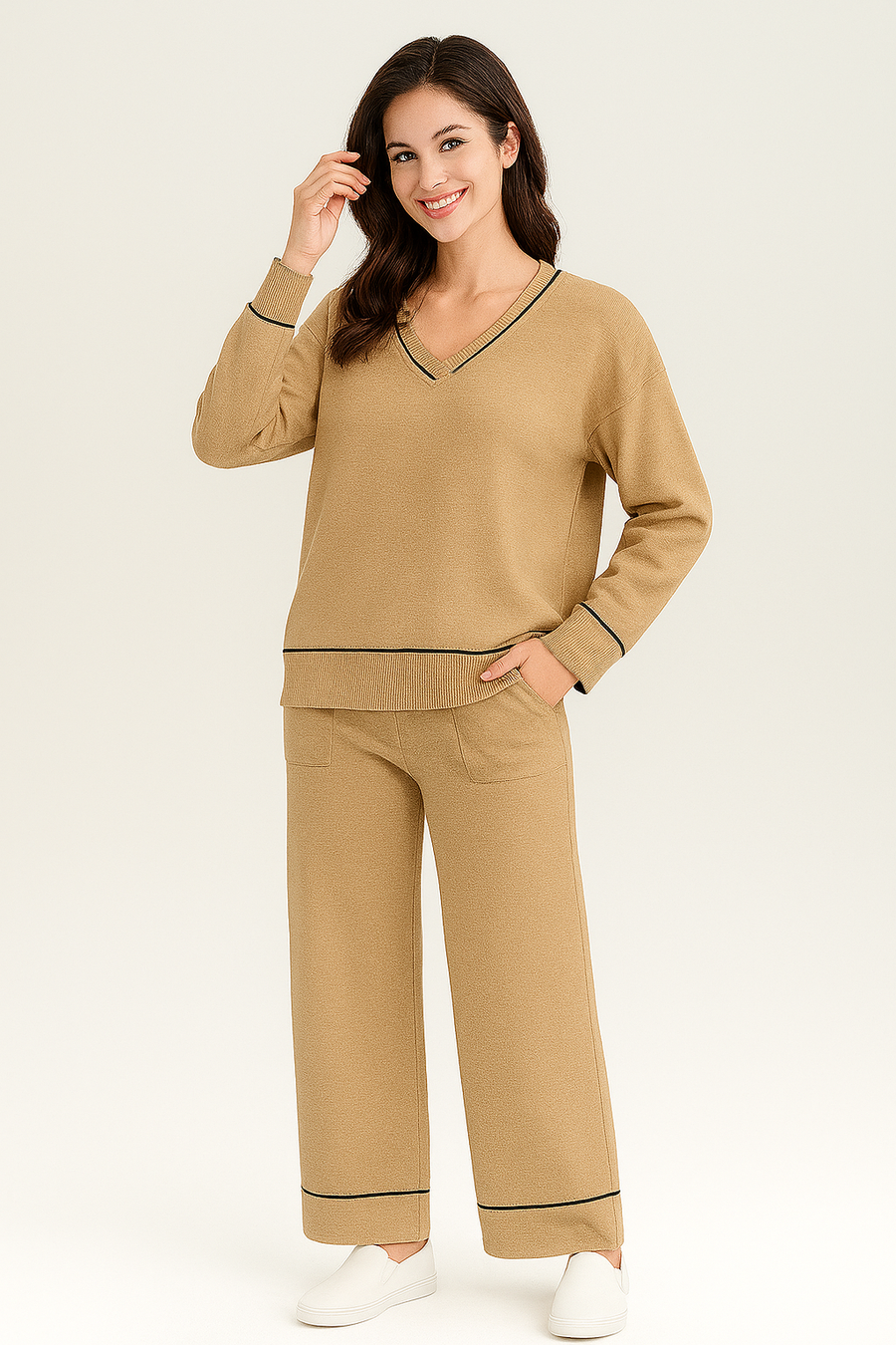 LUXURY KNIT V NECK JUMPER AND PANTS WITH POCKETS