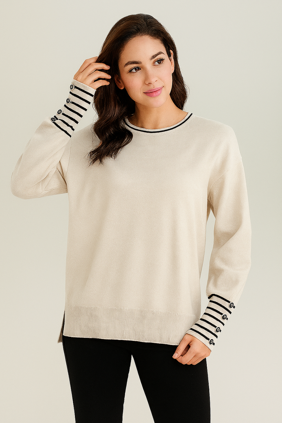 SOFT KNIT JUMPER WITH STRIPED SLEEVE CUFFS